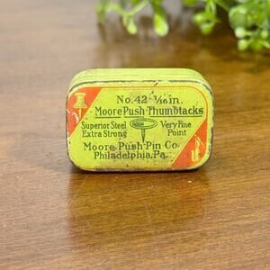Vintage Moore Push Pin Co No 42 Thumbtacks Tin Philadelphia PA Industrial